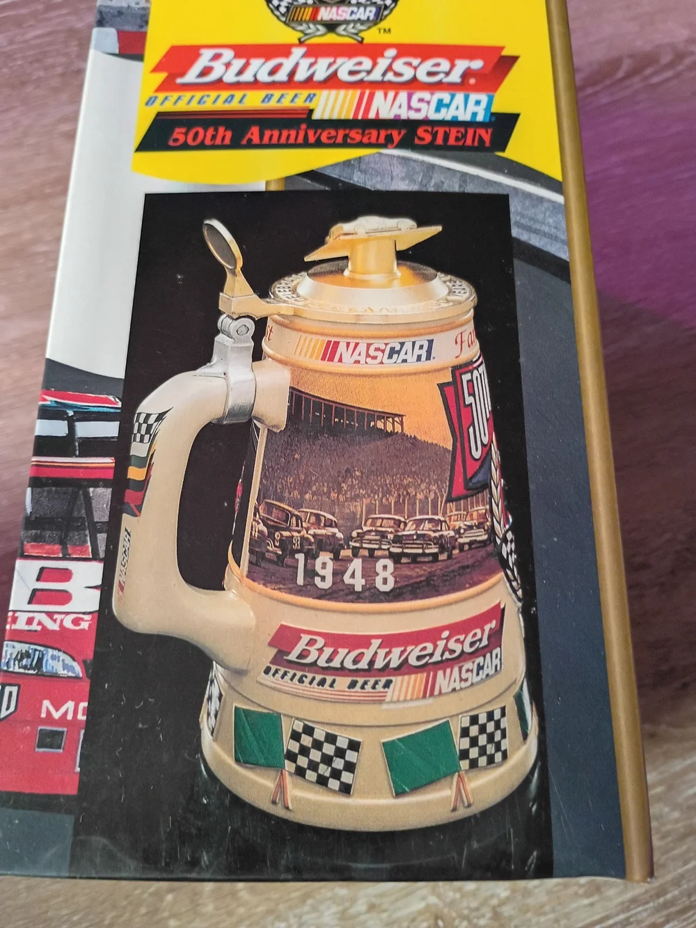 Budweiser 50th Anniversary Ceramic Stein with Red, Blue, Gold, Black Accents